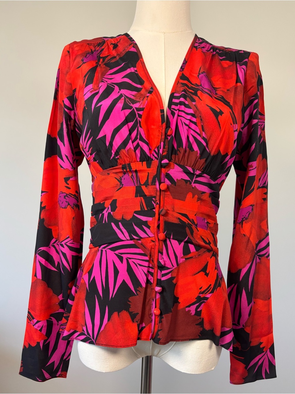 Veronica Beard Pevero Ruched Floral Silk Button Front Top Size 2